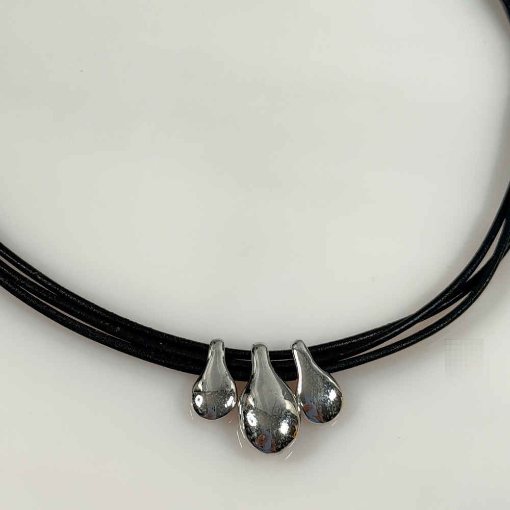 Ralph Lauren Necklace Black Leather Silver Tone Modernist Choker 16" Toggle RL